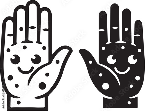 Two cartoon hands with happy faces and spots also transparent background
