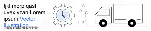 Logistics, time management, delivery services, supply chain, business growth, transportation. A gear with a clock, upward arrows and a truck. Logistics and time management concept
