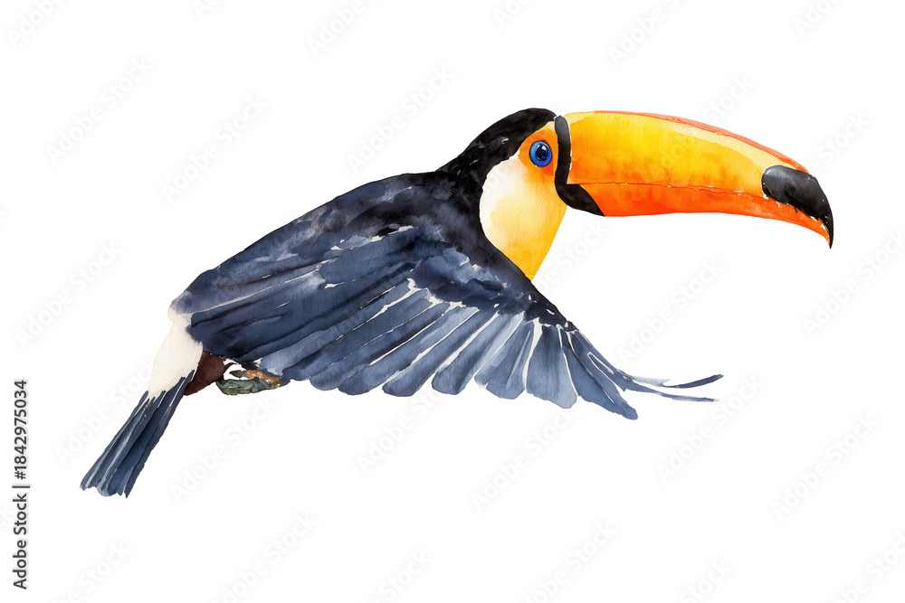 Naklejka premium Toco toucan flying hand drawn watercolor bird illustration