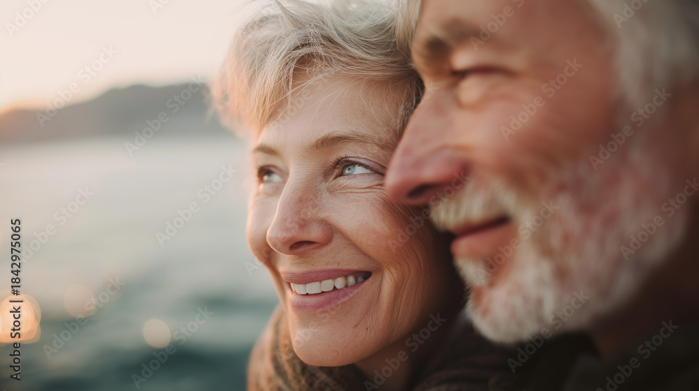 Fototapeta premium Close up of Happy Mature Woman and Man Looking Out at Golden Horizon