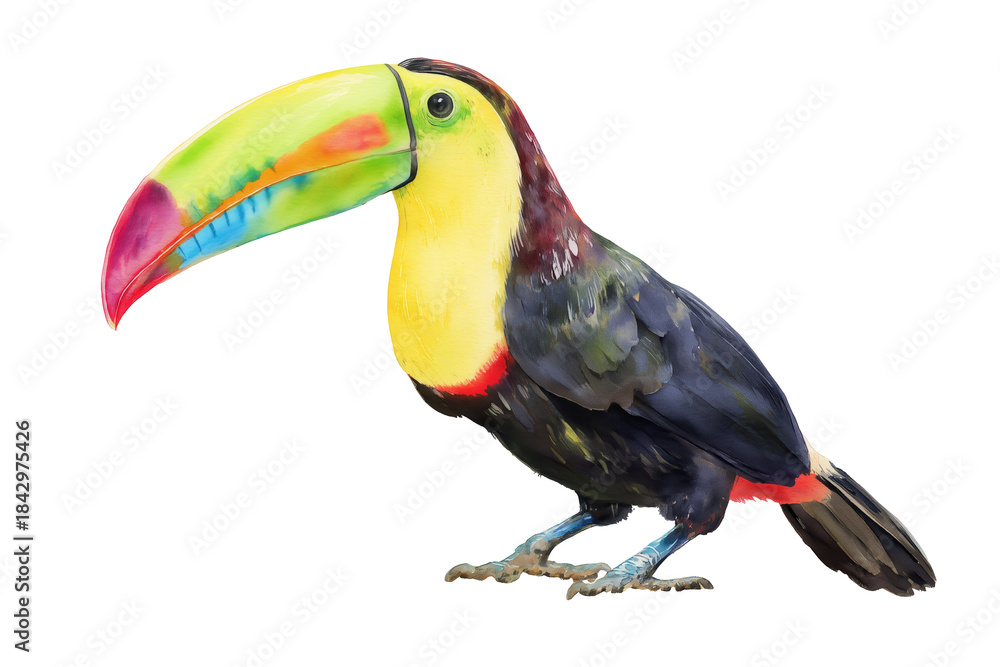 Naklejka premium Keel-billed toucan hand drawn watercolor bird illustration