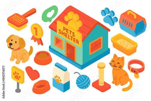 Pet shelter flat icon set. featuring dog, cat, shelter, food, toy, bowl, collar, bed, litter box, and carrier.