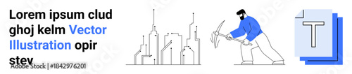 Urban planning, architecture, construction, graphic design, work, modern technology. A worker with tools next to a cityscape and digital file icons. Urban planning and architecture