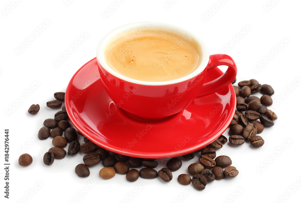 Fototapeta premium Aromatic coffee in cup and beans isolated on white