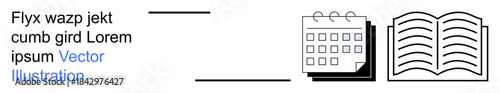 Scheduling, education, planning, time management, learning, organization. Black-and-white icons of a calendar and an open book. Scheduling and education with clear symbols