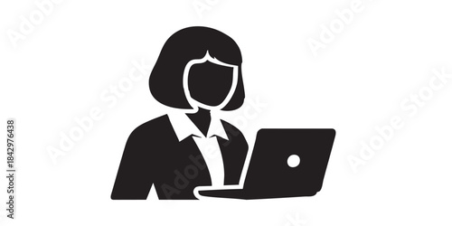 Manager girl with new laptop thin line icon, cyber monday concept. Vector graphics. Woman of tech engineering, avatar sign on white background, style icon mobile or web desig