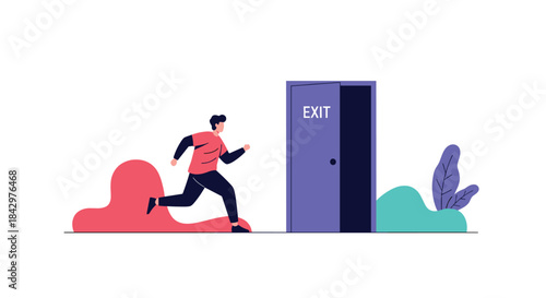 Illustration of a person running toward an exit, escape.