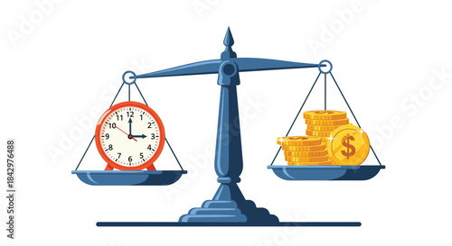 Illustration showing a balance scale weighing time and money.