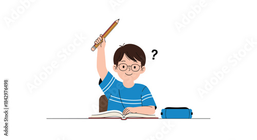 School child raising his hand with a pencil, asking a question.