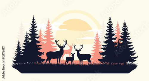 A silhouetted forest with deer at sunset.