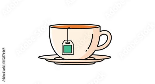 A teacup with a teabag on a saucer.