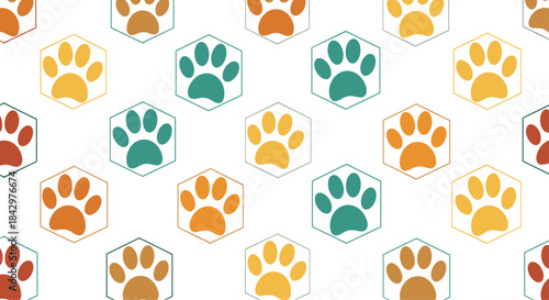 A pattern of colorful paw prints in hexagonal frames.