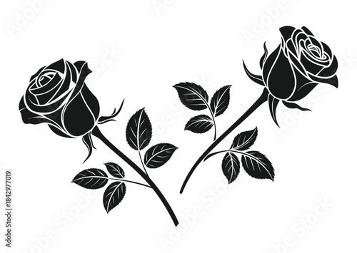 Two black rose silhouettes with leaves, vector graphic