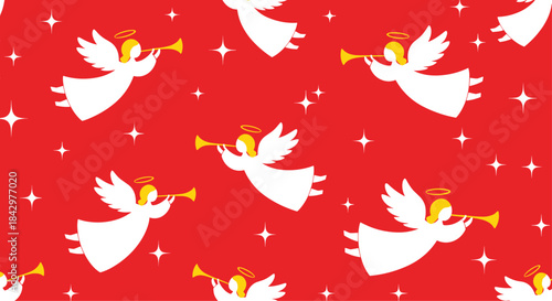 Angels blowing horns on a red background.