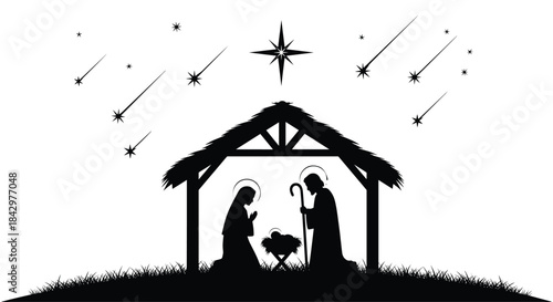 A silhouette of the nativity scene with shooting stars.