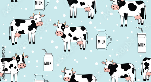 Seamless pattern with cows and milk cartons.