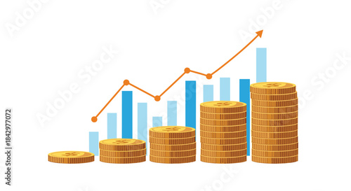 An illustration of money and a rising financial graph.