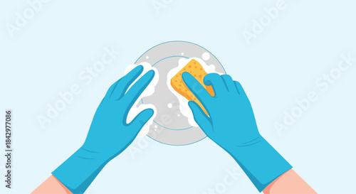 Washing dishes with blue gloves.