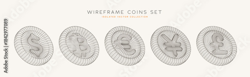 Minimalist Wireframe Crypto Coins Set With Bitcoin, Dollar, Yen, Won, Pound, Euro Symbols For Finance And Blockchain Themes. Wireframe Crypto Money 3D Style. Cryptocurrencies. Vector Illustration3