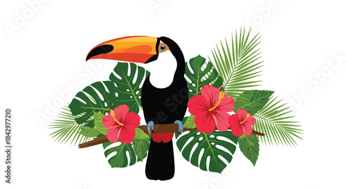 A toucan bird perched on a branch surrounded by tropical leaves and flowers.