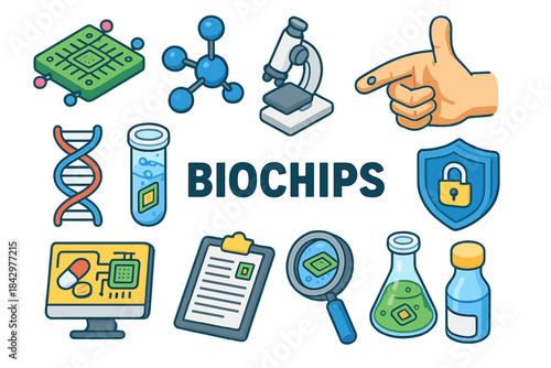 Biotechnology flat icon set. featuring biochip, molecule, microscope, dna, test tube, hand, shield, document, flask, vial