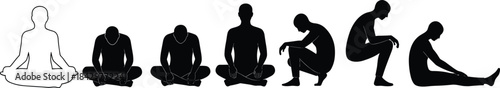 "Meditation silhouette illustration, cross-legged pose, calm figure design, mindfulness concept art, black and white graphic, peaceful posture