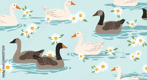 Idyllic illustration of white and brown geese swimming on a light blue water surface with daisies.
