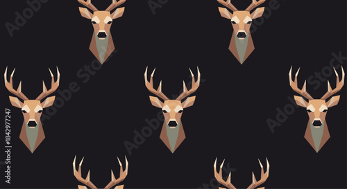 Repeating pattern illustration featuring heads of deer with symmetrical arrangement on a dark backdrop.