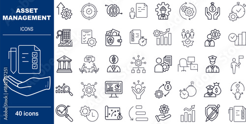 40 Line Style Asset Management Icons Financial Portfolio, Investment Tracking and Resource Allocation Symbols