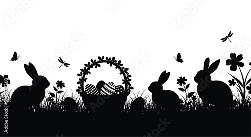 Silhouette depicting an Easter scene with bunnies, eggs, and springtime blossoms.