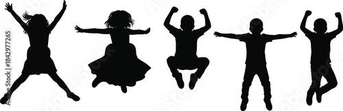 children, silhouette, jumping, playful, joyful, energy, pose, movement, celebration, happy, dynamic, carefree, vector, group, youth