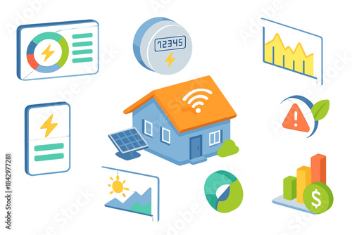 Smart home energy gradient icon set. featuring electricity, solar, dashboard, and analytics symbols