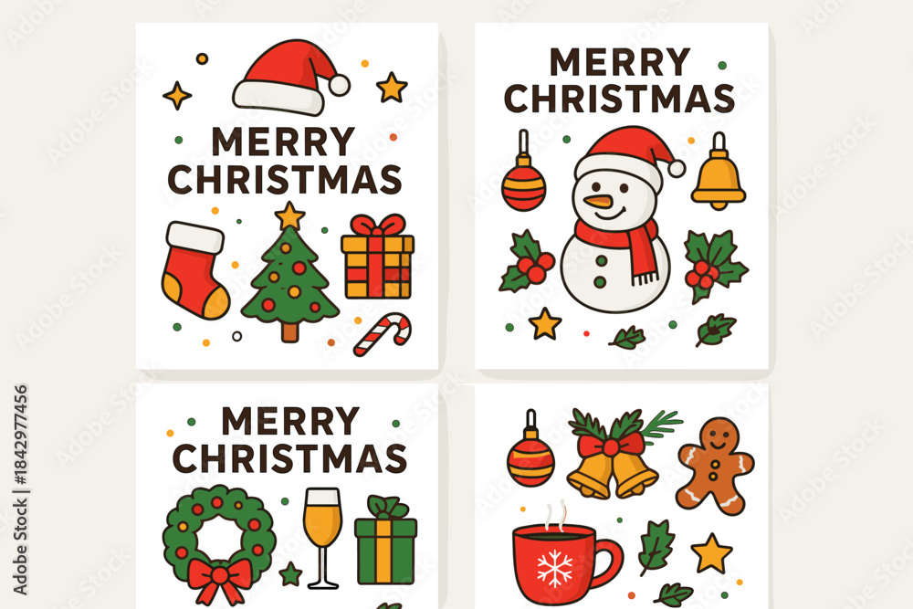 Fototapeta premium Christmas elements flat icon set. featuring stocking, tree, gift, snowman, holly, bell, wreath, and gingerbread