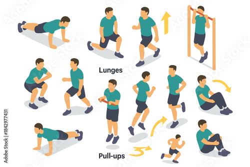 Fitness exercises silhouette icon set. featuring lunges, push-ups, squats, pull-ups, and sit-ups symbols