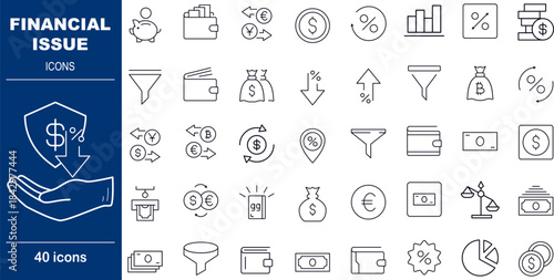 40 Line Style Financial Issue Icons Risk Management, Currency Exchange and Investment Protection Symbols