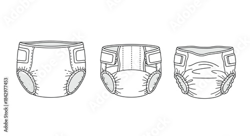 Illustration showing three baby diapers, portraying hygiene and care.