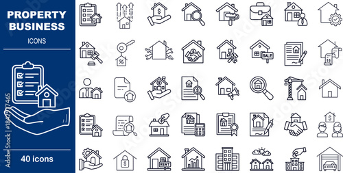 40 Line Style Property Business Icons Commercial Real Estate, Investment and Portfolio Management Symbols