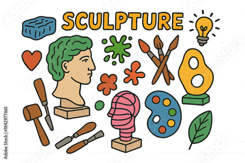 Art supplies flat icon set. featuring sculpture, paintbrush, chisel, palette, clay, bust