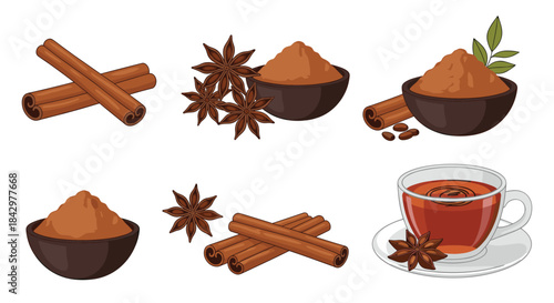 Various illustrations depicting cinnamon sticks and star anise spices.