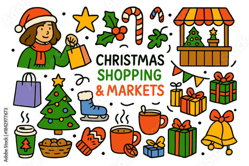 Christmas shopping and markets flat icon set. featuring shopping bags, holly, gifts, ice skates, coffee, and more