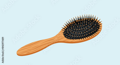 Wooden hairbrush illustration with a mass of bristles, for grooming.