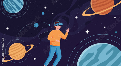 Illustration of a person in VR in space exploring the universe, virtual reality.