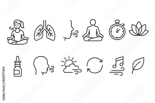 Wellness and meditation linear icon set. featuring mindfulness, lungs, inhalation, yoga, timer, and lotus symbols