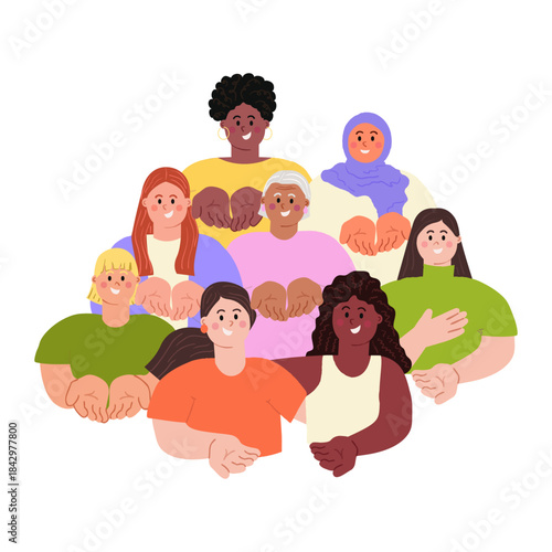 Give To Gain IWD 2026 concept. Diverse happy women with open palms, hands giving gesture. International Women's day sticker, print, clip art. Modern flat vector illustration on transparent background