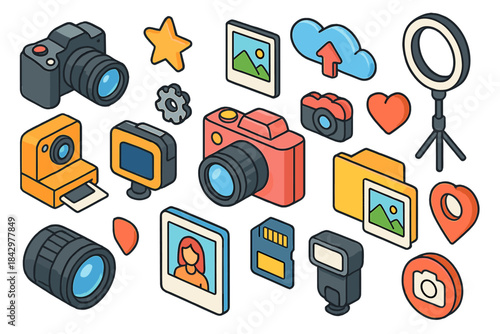 Photography flat icons set. featuring camera, lens, photo, cloud, upload, polaroid, folder, and heart symbols