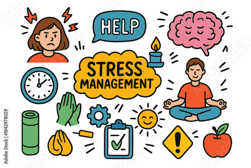 Stress management flat icons set. featuring meditation, stress relief, breathing, mindfulness symbols