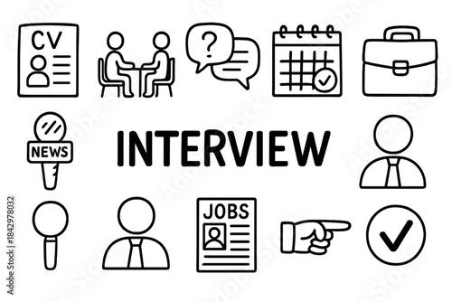 Job interview linear icon set. featuring cv, meeting, q and a, calendar, briefcase, news, and job listing symbols