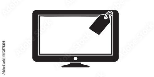 Widescreen TV display from stock solid icon, cyber monday concept. Vector graphics. Monitor with price tag, technology sign on white background, style icon mobile or web design.