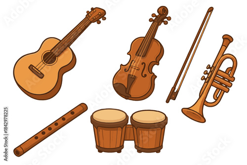 Musical instruments flat icon set. featuring guitar, violin, trumpet, flute, and bongo