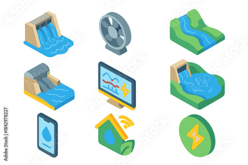 Renewable energy isometric icon set. featuring hydro dam, wind turbine, solar panel, water flow, and monitoring symbols